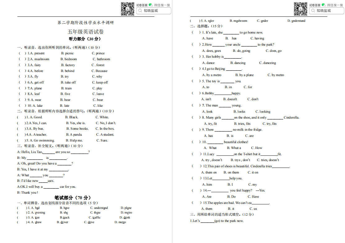 盐城名校小学五年级（3月）月考试卷合集