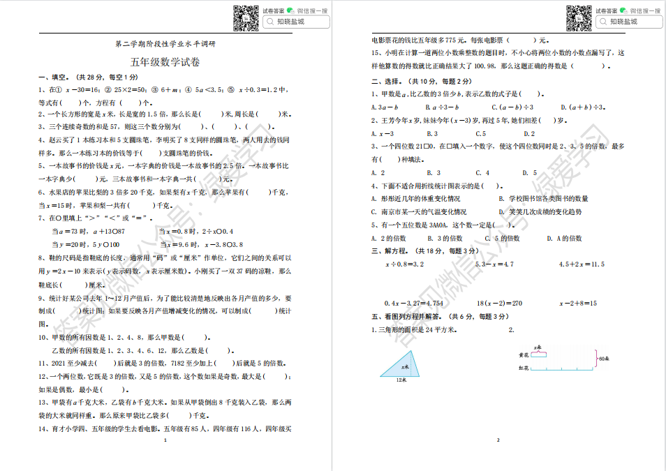 盐城名校小学五年级（3月）月考试卷合集