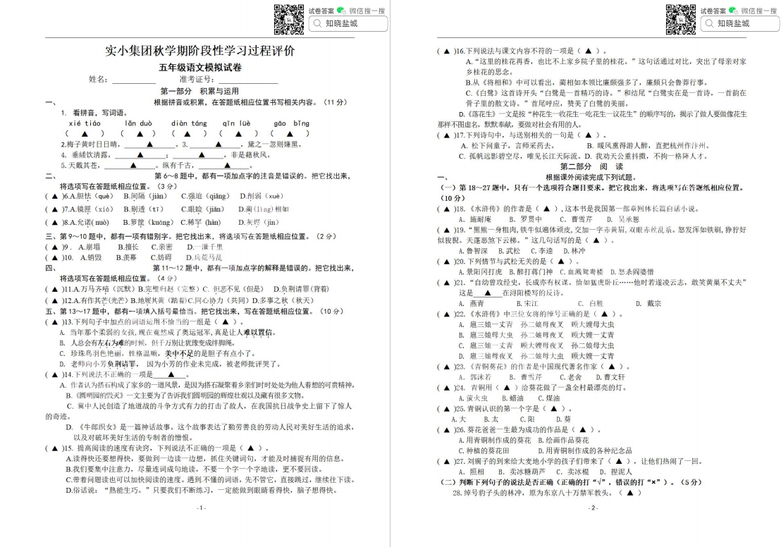 盐城实小|盐都联盟|东台小学五年级上学期期中（11月）试卷合集