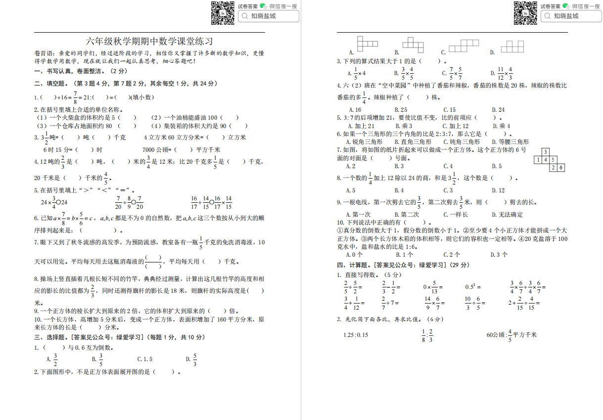 盐城名校|实验小学|盐都联盟|东台|滨海|小学六年级上学期期中（11月）试卷合集 ...