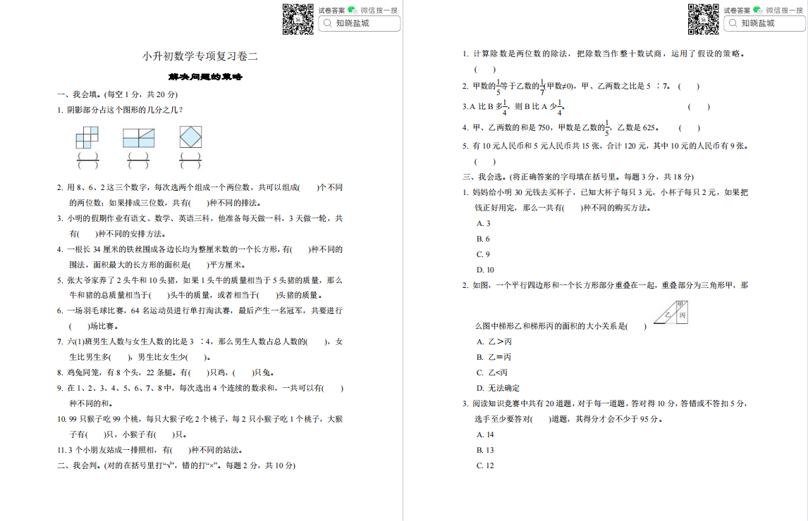 盐城名校小升数学专项模拟试卷