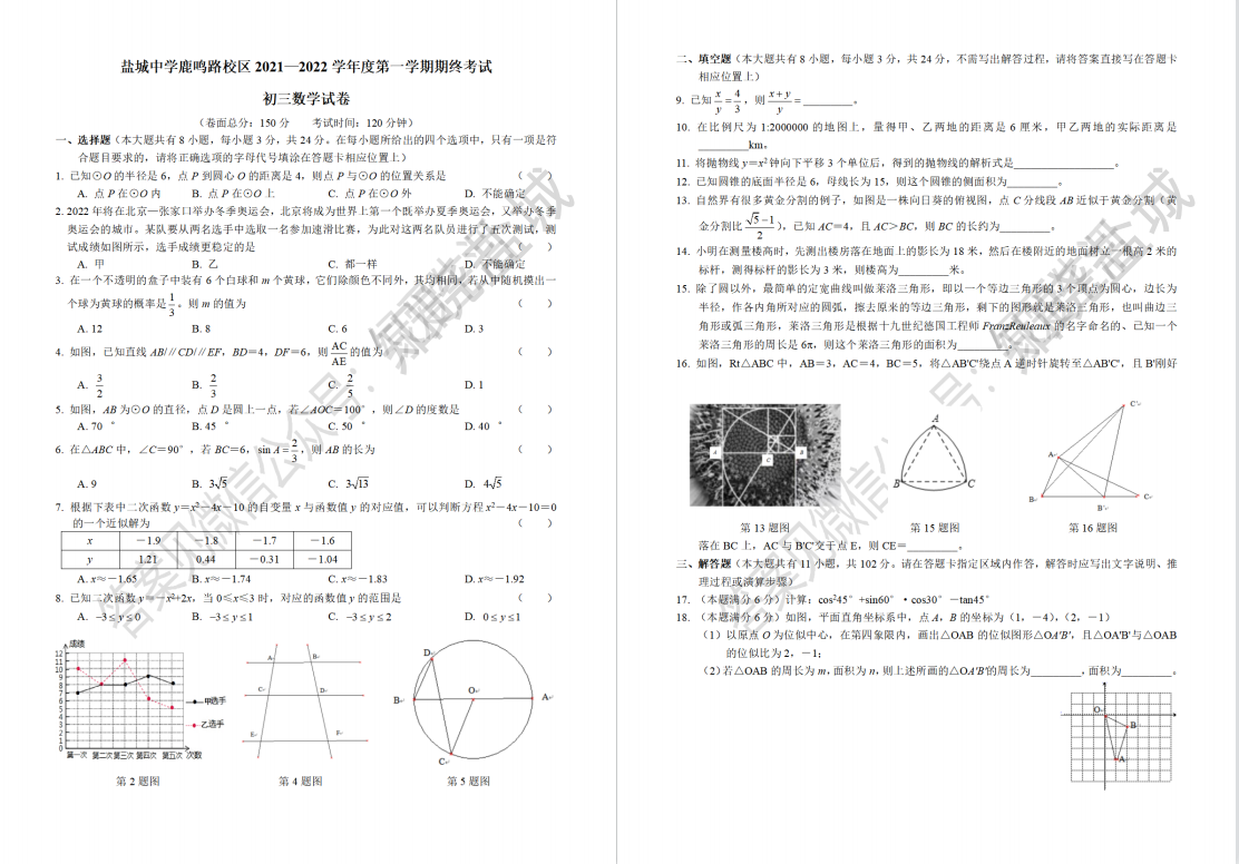 盐城名校|盐中|景山|盐城五区县|初三上学期期末（1月）试卷合集