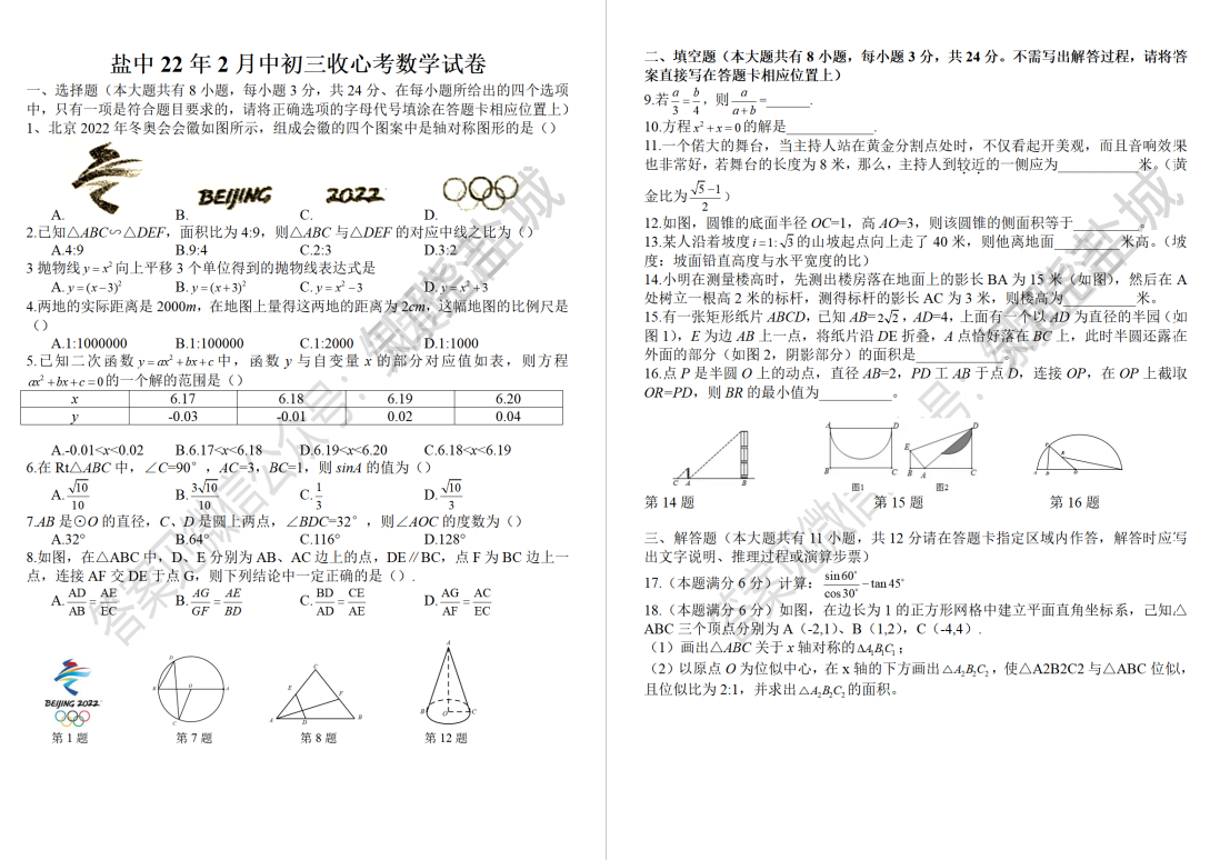 盐城名校|盐中|射阳实验|初三下学期开学手心考试（2月）试卷合集