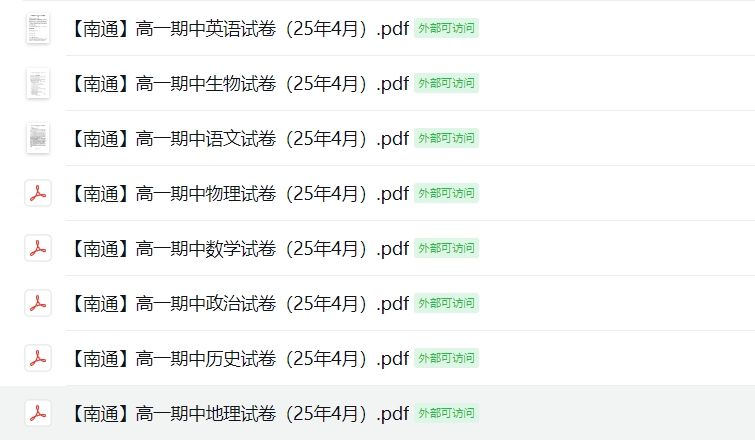 【南通】高一期中8门试卷（25年4月）