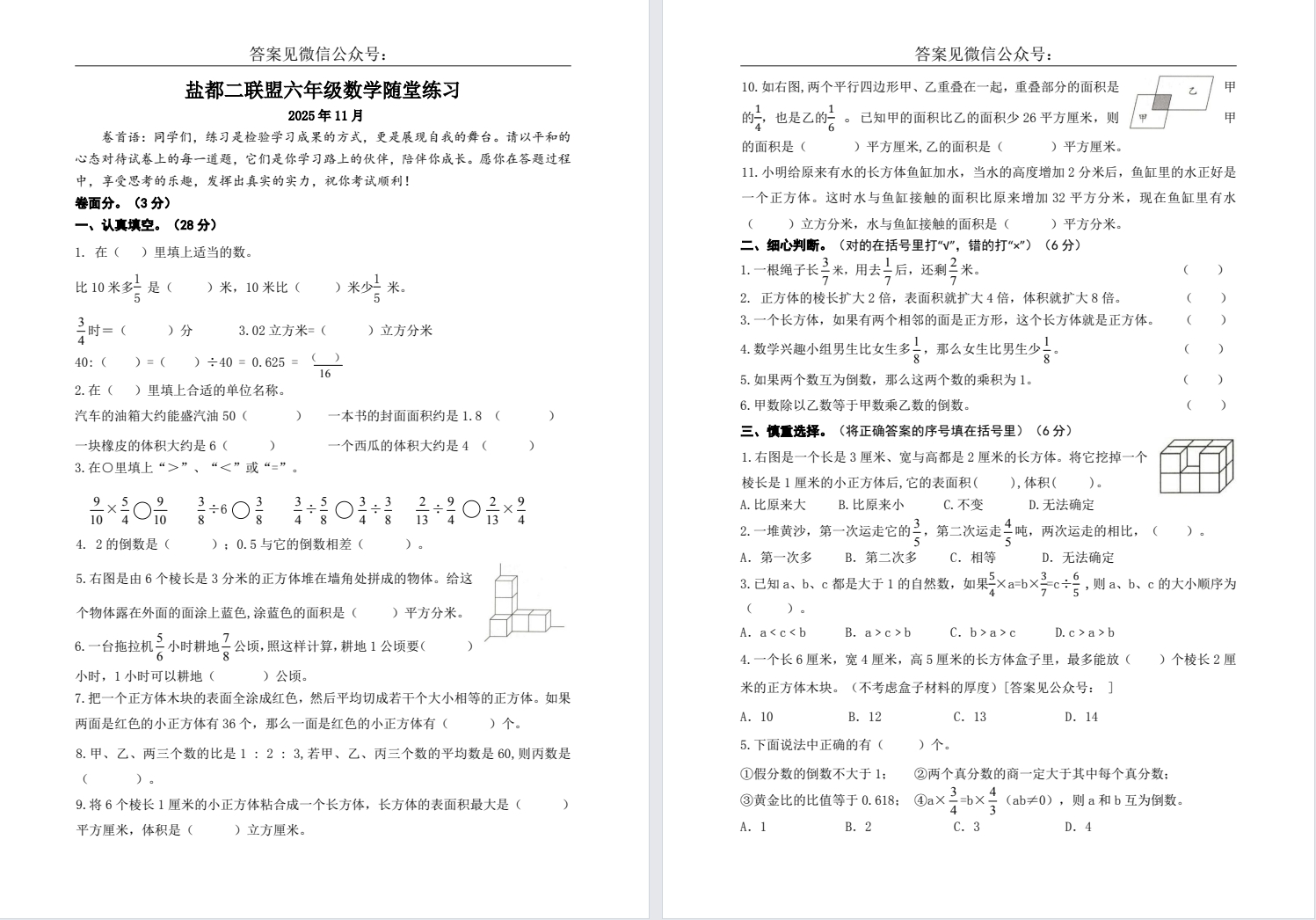 【盐都二联盟】六年级期中试卷（25年11月17日）